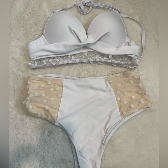 White bathing suit with polka dot wrap skirt - Picture 2 of 2